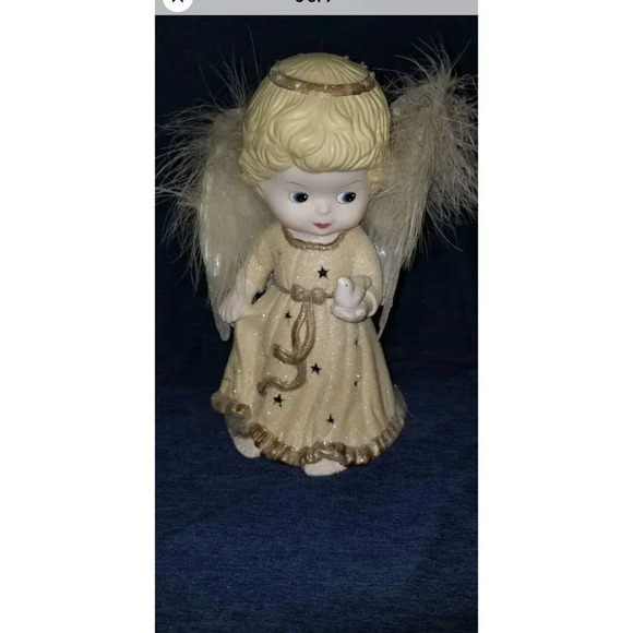 Ceramic Angel holding bird multi color light up wings 8" Sparkle Dress - Picture 6 of 8